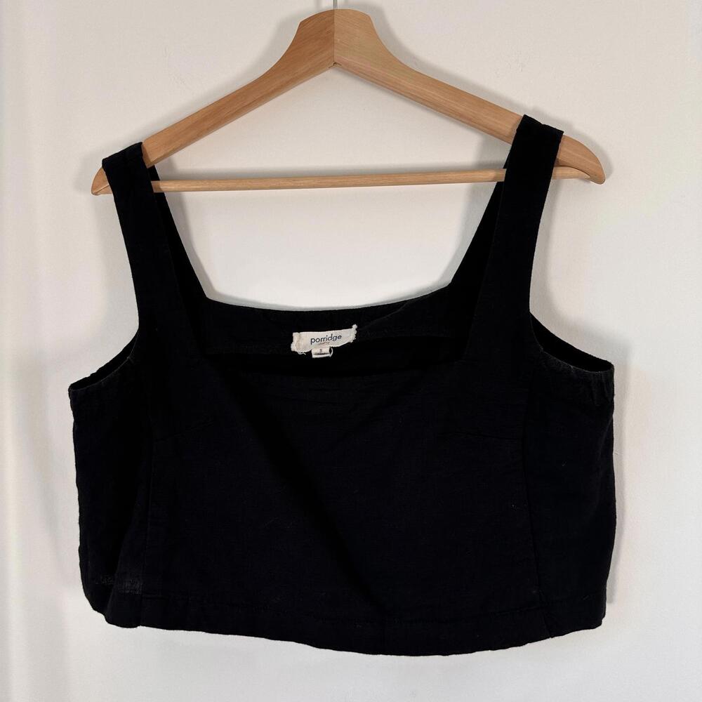 Porridge Anthropologie Black Linen Crop Tank Top S Square Neck Cotton Blend